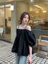 夏用 ブラック カジュアルショートスリーブブラウス【バルーンスリーブ・オフショルダー・デザイン性】