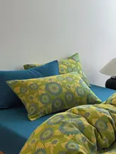 リネン風デザインのダブルレイヤー掛け布団カバー【全棉・緑色・ひまわりモチーフ】（セットアップ対応）