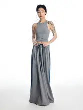 デザイン性の高いおしゃれなウエストゴムデニムパンツ【バイカラー・フィット感抜群・マキシ丈】（セットアップ対応）