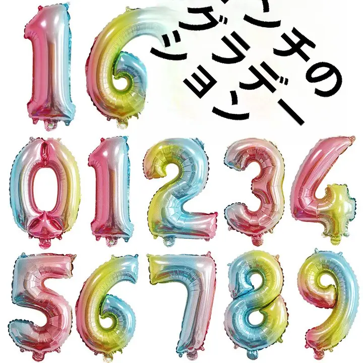 グラデーションカラーの数字型アルミ箔バルーン【誕生日パーティー用・レインボーカラー】