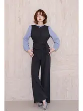 2点セット レディース フェイクレイヤード シャツブラウス スーツパンツ ウエストシェイプ 通勤 オフィスカジュアル きれいめ 「MIUCO」