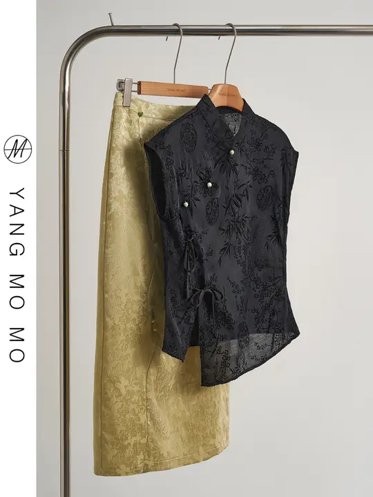 新中式国風改良旗袍風エレガント上衣とスカート【フラワー刺繍・斜め襟・立ち襟】（セットアップ対応）