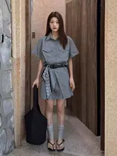 シャツワンピース【フレンチスタイル・夏用・ウエストマーク・小柄向け】