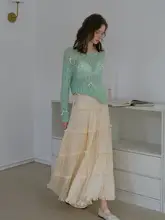 杏色フリル付きレイヤードフレアスカート【ハイウエスト・Aライン・梨型体型対応】