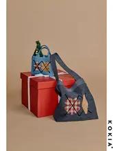 レトロなダイヤモンド刺繍デザインの大容量デニムエコバッグ【リサイクル素材・趣味のピースワーク】