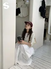 ドット柄ボートネック七分袖Tシャツ【韓国風・スリムフィット】