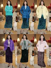 優雅なデザインの中長丈スパンコールスカート【高腰・スリット入り】