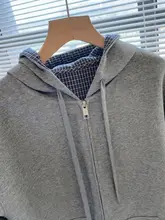 チェック柄デザインのフード付きアウター【ニットパッチワーク・フィット・カジュアル】