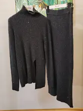 半高ネックの秋冬用きらめくウールニットセーターとスリットスカー  ト【ゆったりした長袖・ニット】（セットアップ対応）