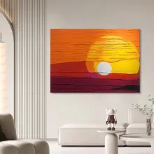 日出風景の手描き油絵【モダンシンプル・リビングルーム用・横幅デザイン】