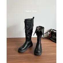 乗馬風ロングブーツ レディース 本革 ラウンドトゥ バックル ブロックヒール 膝下丈 英国風 ブラック 通勤 オフィスカジュアル 着回し