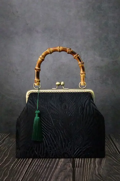 手提げバッグ【竹柄・黒いフェザー・中華風・ハンドメイド・母の日ギフト】