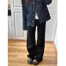 高身長向け ブラックハイウエストスリムストレートデニムパンツ【秋冬用】