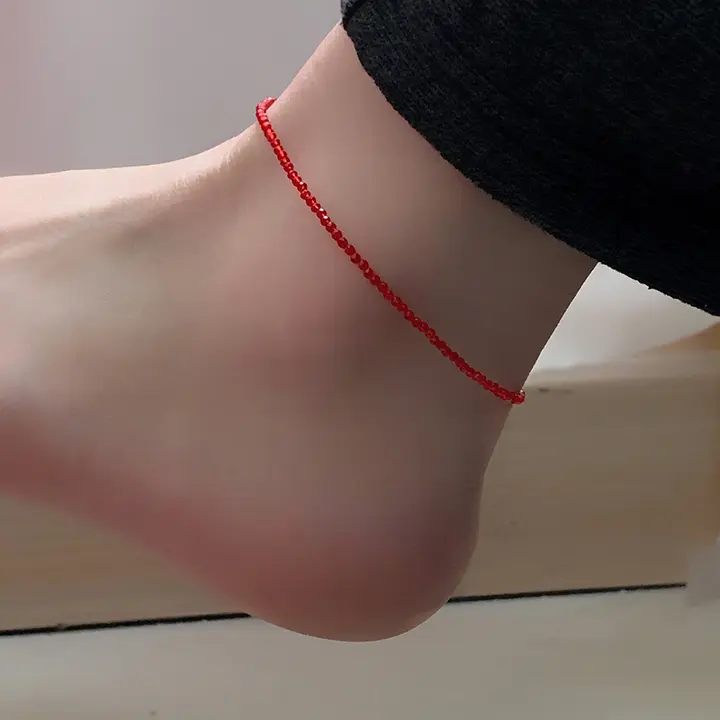 極細の赤い尖晶石ビーズの足首用のクリスタルアクセサリー【DIY・夏用・超きらめく】