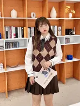 秋用Vネック菱格編みニットベスト【学院風・大きいサイズ】
