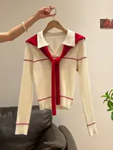 白色翻领のコントラストカラー長袖ニットカーディガンとデニムパンツ【冬用・女性用】【セットアップ対応】