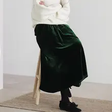秋冬用 金丝绒ハイウエストロングAラインスカート【優雅なドレープ・大きいサイズ】