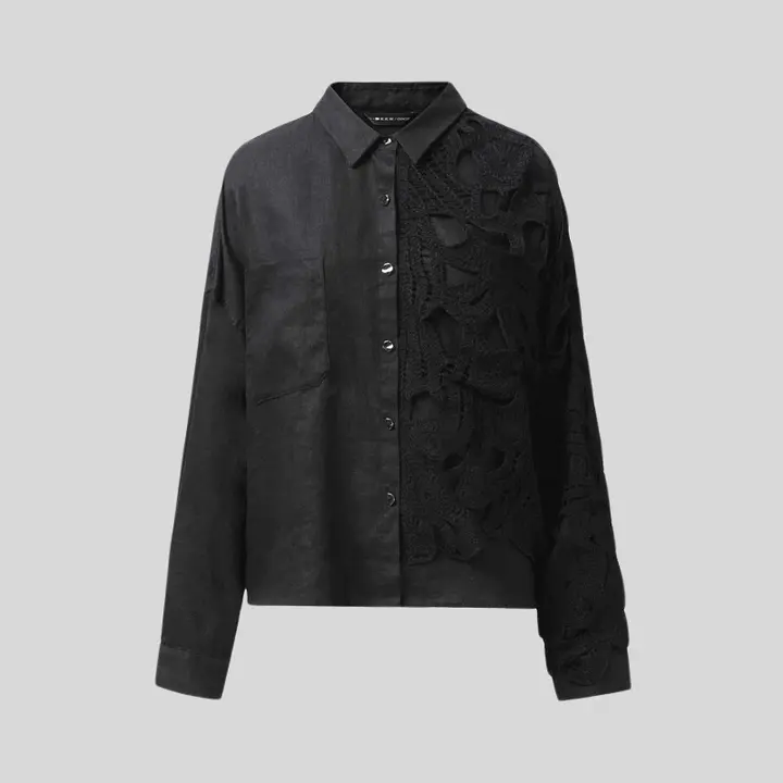 ヴィンテージ風麻混ニット長袖シャツ【翻领・女性用】