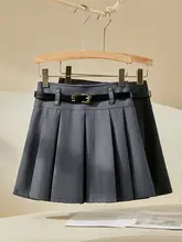 デザイン性の高いグレーのプリーツスカート【春秋用・ハイウエスト・Aライン・小柄向け】（セットアップ対応）