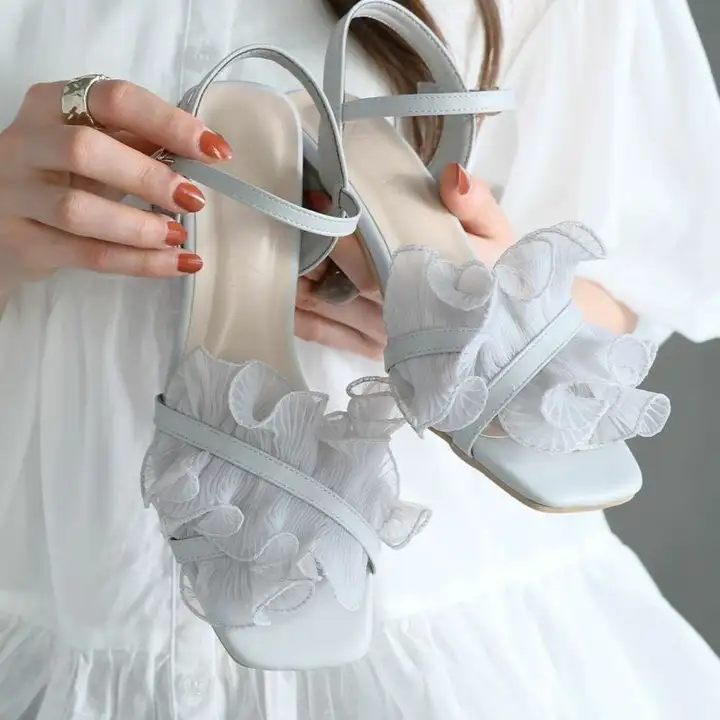 快適な履き心地！フリル付きレースデザインのサンダル【女性用・一字ストラップ・日系スタイル】