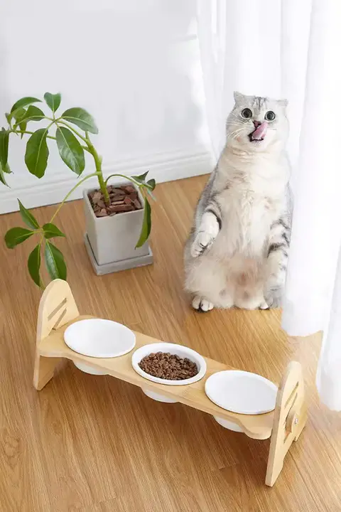 猫用陶器フードボウル【頸椎保護・斜め口・調整可能・ダブルボウル・三連タイプ】