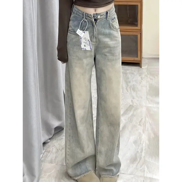 ヴィンテージ風ブルーのデニムパンツ【毛羽立ち・テーパードデザイン・春用】