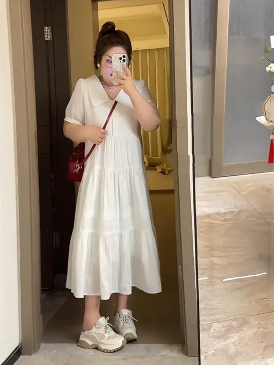 夏用大きいサイズ フレンチスタイル ホワイトドレス【ウエスト絞り・中長丈・小柄対応】