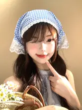 格子デザインのレースエッジヘアスカーフ【春夏用・ビーチ撮影・ヘアバンド】