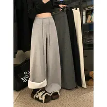 グレーのラフパンツ【ウエストゴム・ドローストリング・ワイドレッグ・高腰・裏起毛】