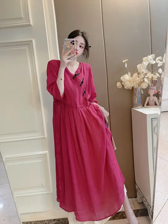 感漂うアジア風イージー着用の麻製ロングドレス【膝下丈・ゆったり体型カバー】