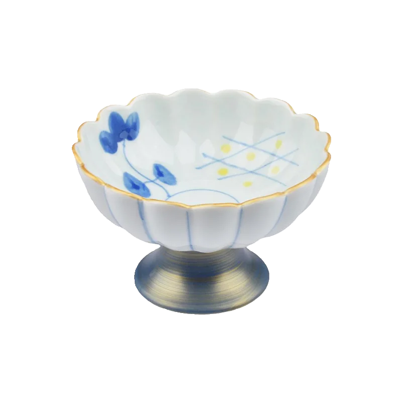 手描きデザインの高脚スイーツボウル【陶器製・アイスクリームやデザート用・高級感】
