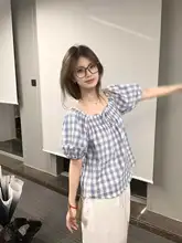 個性的なリボン付き青いチェック柄半袖シャツ【パフスリーブ・夏用・ショート丈】