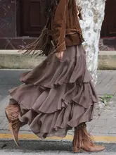 優雅なレトロフリルデザインのロングスカート【ハイウエスト・Aライン・秋用】