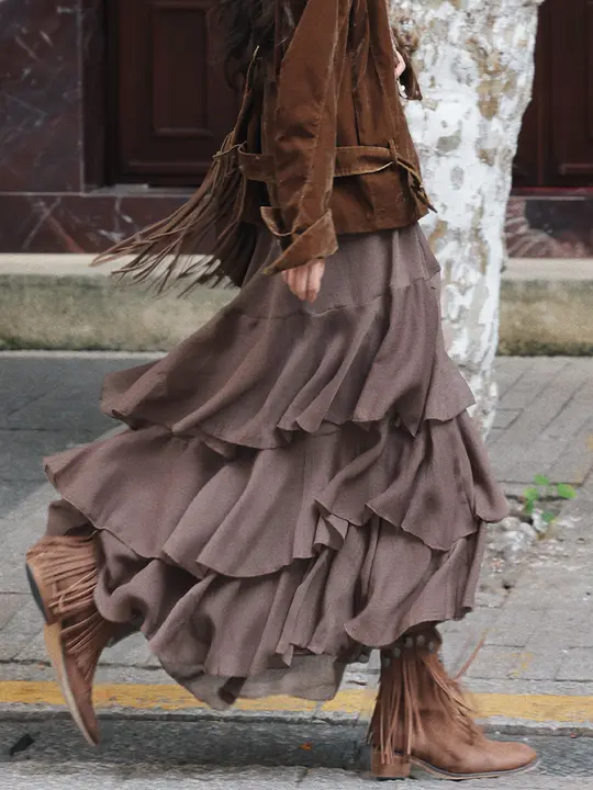 優雅なレトロフリルデザインのロングスカート【ハイウエスト・Aライン・秋用】