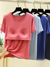 モダール素材ラウンドネック短袖トップス【夏用・バストパッド付き・薄手】