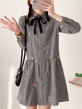 花柄刺繍チェックコットンシャツワンピース【ウエストリボン・チェックデザイン】