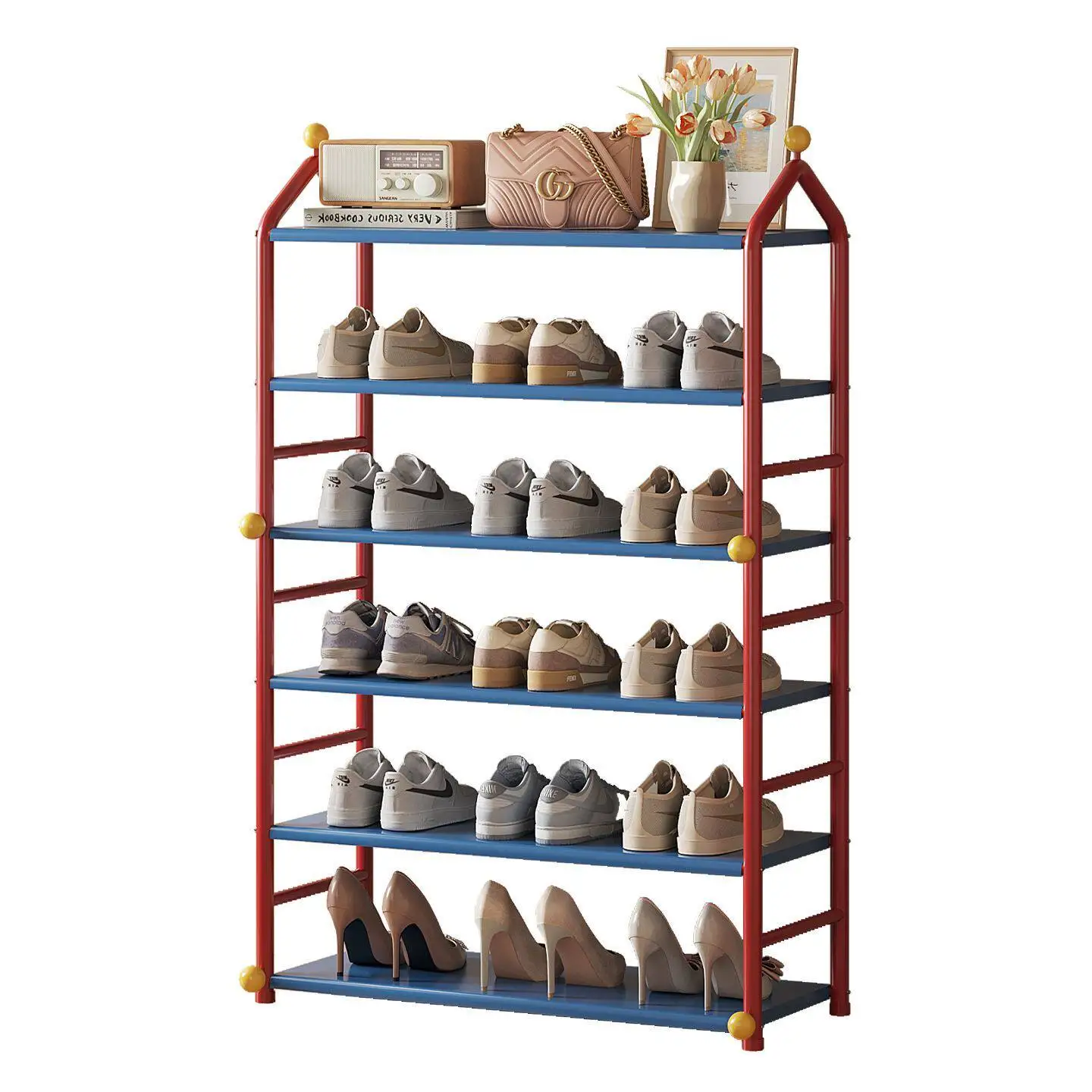 狭い玄関用多層靴収納ラック：簡易デザインで効率的なブーツ・子供靴の収納を実現
