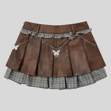 カフェ色PUレザー切り替えチェック柄ハイウエストAラインプリーツスカート【秋用・女性用・スタイリッシュ】