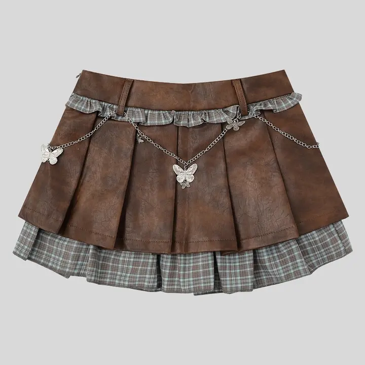 カフェ色PUレザー切り替えチェック柄ハイウエストAラインプリーツスカート【秋用・女性用・スタイリッシュ】