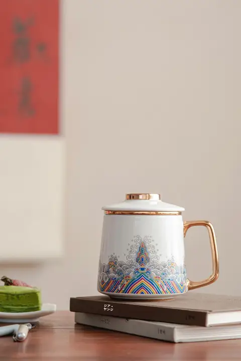 茶碗 陶器 マグカップ 蓋付き 家庭用 個性的な金彩 波