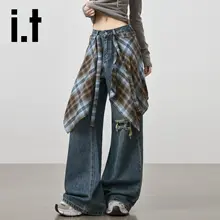 デザイン性のあるカットアウト装飾付きハイウエストワイドレッグジーンズ【女性用・フィット・ストレートパンツ】