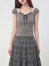 チェック柄レースハイネックデザインのショート丈Tシャツ【夏用・甘辛ミックス】（セットアップ対応）