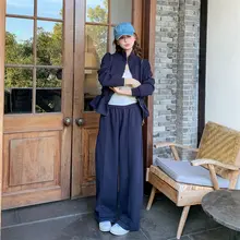 深青色カジュアルスウェットシャツ【秋春・アカデミックスタイル・二点】
（セットアップ対応）