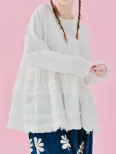 純棉製 ランタンスリーブブラウス【水洗い・レースデザイン・女性用】（セットアップ対応）