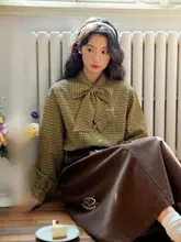 刺繍チェック柄のリボン付きブラウス【女性用・フレンチスタイル】