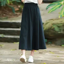 春夏用 レディースコットンリネンハイウエストプリーツスカート【中丈・Aライン・学生向け】（セットアップ対応）