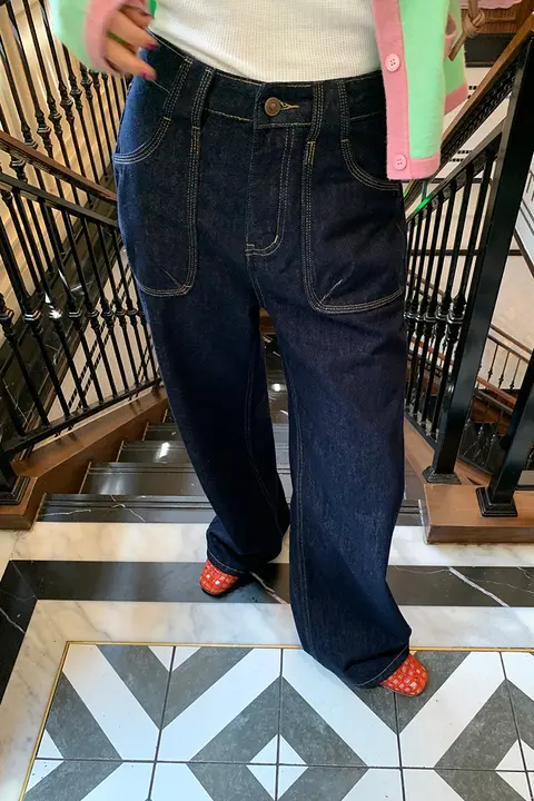高腰ワイドデニムパンツ【春秋用・深い青色・フィット】（セットアップ対応）