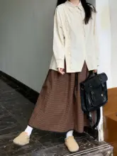 秋季 ブラウンチェック ウエストゴム 半身スカート【レディース・ロング丈】
