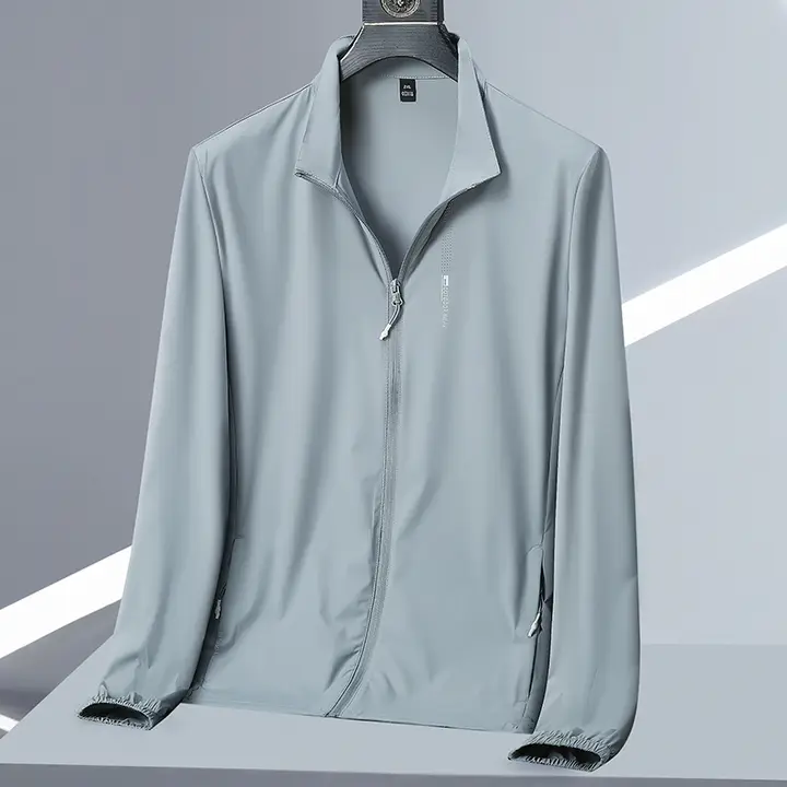 夏用軽量大きいサイズ メンズ UVカットジャケット【ゆったりしたスタンドカラー・無地デザイン・アウトドア用】（セットアップ対応）
