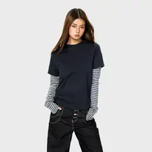 長袖Tシャツ レディース アメリカン風 ストライプ パッチワーク フェイクレイヤード ルーズ 着痩せ インナー 春物 「BLACKBB」